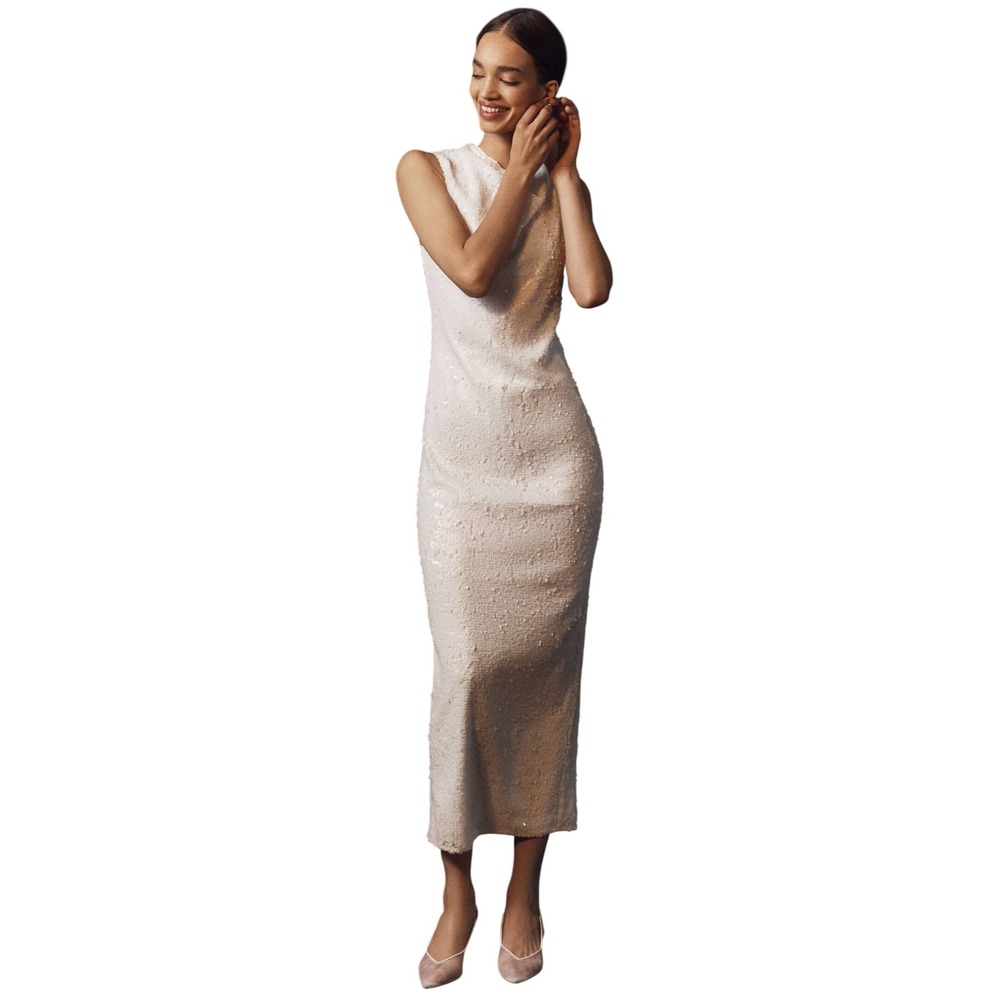 Shona Joy Illusion Sequin Sleeveless Cowl Neck Midi Dress Ivory 4 Anthropologie